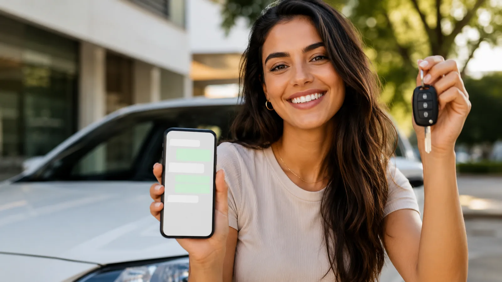Aluna feliz com chave do carro e celular